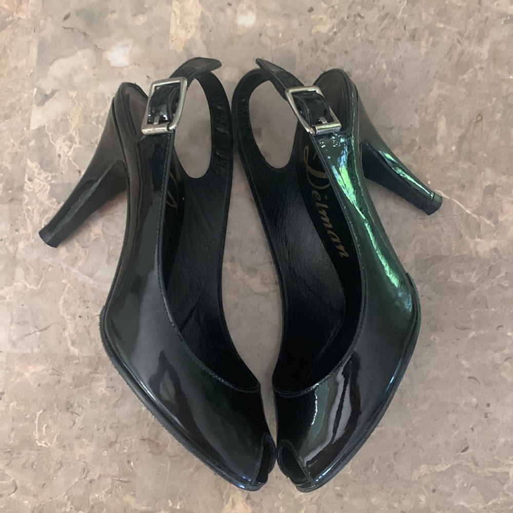 Delman Black Patent Leather Peep Toe Slingback Heels Size 6